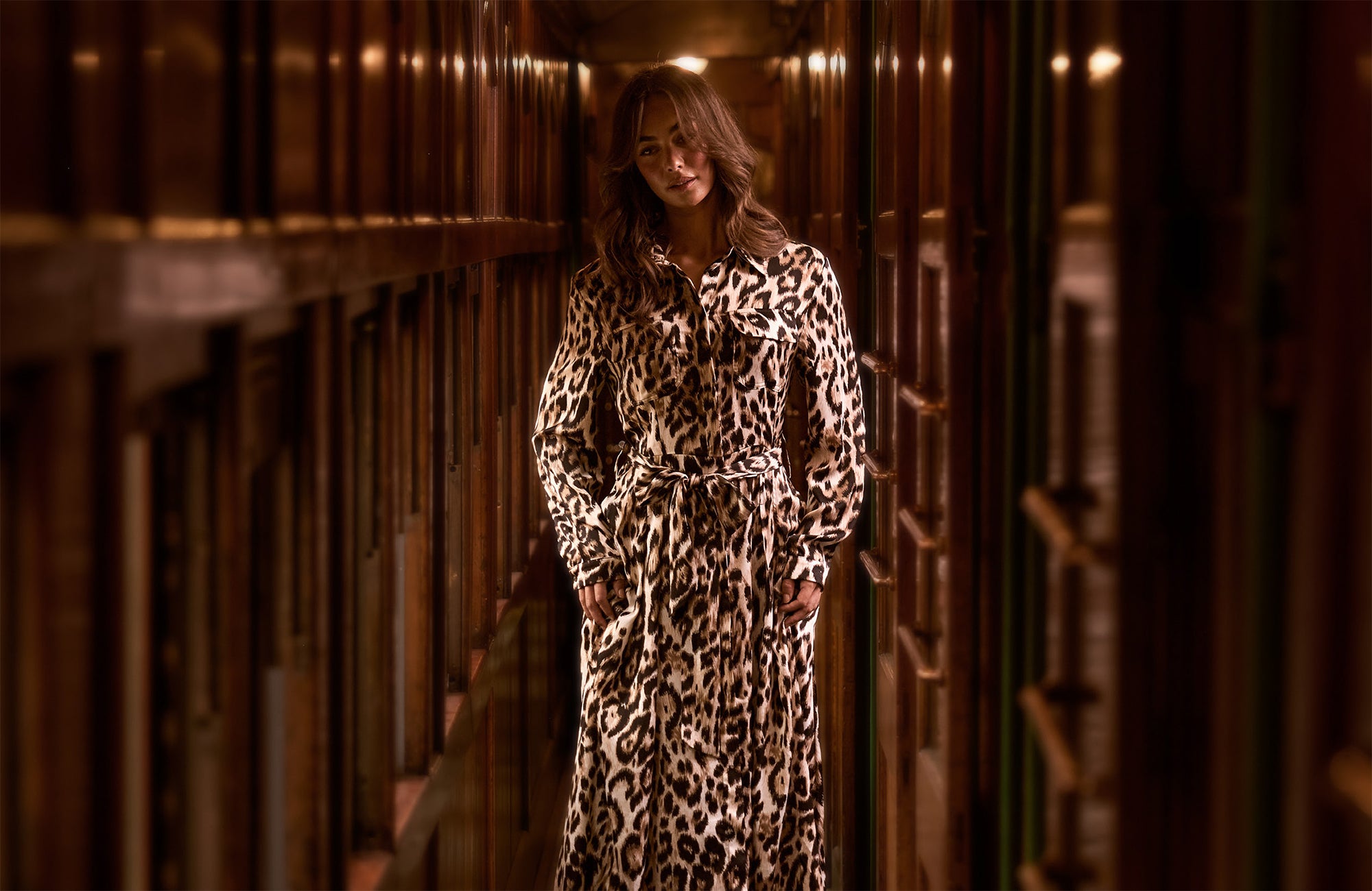 Woman wearing a leopard print dress in a dimly lit room.